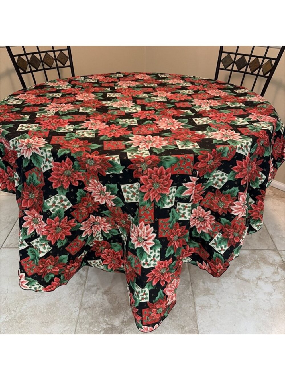 BARTH & DREYFUSS Holiday Tablecloth Poinsettia Coated Fabric Oval 60X82"